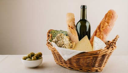 바구니 안에 다양한 종류의 빵, 치즈, 올리브와 함께 놓인 작은 와인 병