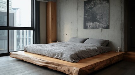 Modern bedroom with platform bed, large window, and concrete wall.