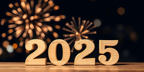 2025 New Year celebration.  Wooden number blocks and fireworks at night with abstract defocused lights. 