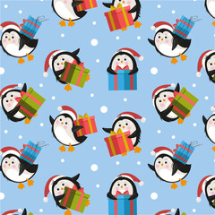 Christmas pattern cute penguins in Santa hat with presents. Kawaii animal characters