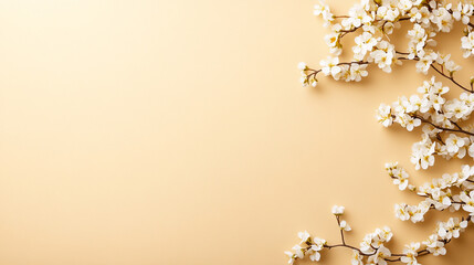 Delicate white blossoms on soft peach background, symbolizing elegance and tranquility in a minimalistic arrangement.