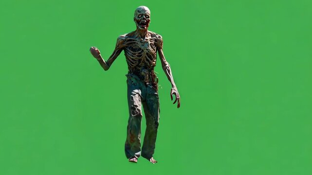 Zombie-like Figure Running, 3D Animation, Pale Skinned, Dark-eyed, Tattered Clothing, Green Background, for Compositing or Visual Effects