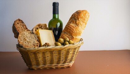 바구니 안에 다양한 종류의 빵, 치즈, 올리브와 함께 놓인 작은 와인 병