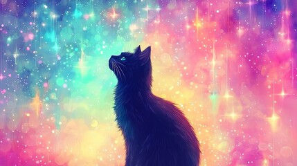 A mystical black cat gazes at a colorful, starry cosmic background.
