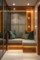 Cozy built-in corner seating with warm lighting,  green pillows, and wood accents in a modern hallway.
