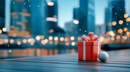 Festive gift on city boardwalk with blurred lights and snowflakes, winter holiday atmosphere.