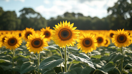 Fototapeta premium Endless sunflower fields under a bright summer sky.