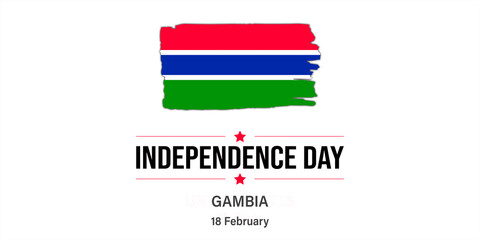 A simple Gambia Independence Day graphic with a prominent Gambian flag and text highlighting the celebration of freedom on February 18th.