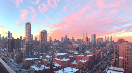 Obraz premium A panoramic cityscape at sunset, showcasing urban architecture and colorful skies.