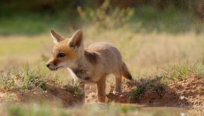 Obraz premium 바람에 먼지가 날리는 초원 위에서 물웅덩이를 찾는 작은 여우의 모습