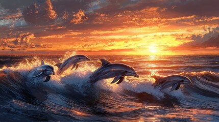Fototapeta premium Dolphins breaching ocean at sunset with vibrant colors and energy