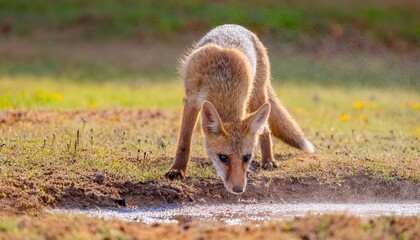 바람에 먼지가 날리는 초원 위에서 물웅덩이를 찾는 작은 여우의 모습