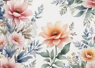 Fototapeta premium Ethereal watercolor flowers in an enchanting pattern against a white base, background, floral, pattern