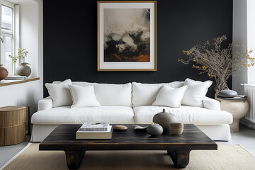 Black wooden coffee table near white fabric sofa against black wall with poster frame. Art deco home interior design of modern living room.