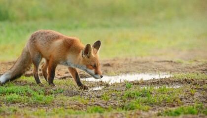 바람에 먼지가 날리는 초원 위에서 물웅덩이를 찾는 작은 여우의 모습