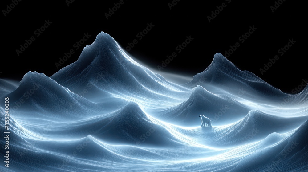 Poster ethereal waves illuminated in a dark landscape, creating a surreal and tranquil atmosphere.
