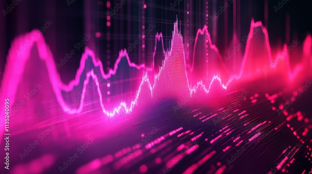 Poster digital visualization of a neon pink data chart with glowing points and jagged lines on a dark backg