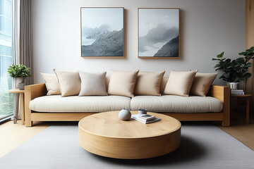 Round wooden coffee tbale near wooden sofa with beige pillows. Scandinavian home interior design of modern living room.