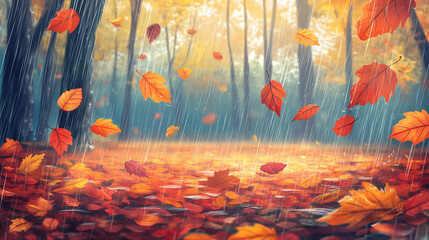 Light drizzle falling on a colorful autumn forest: soft rain, vibrant leaves, peaceful and refreshing., medium angle shot. Drizzle. Illustration