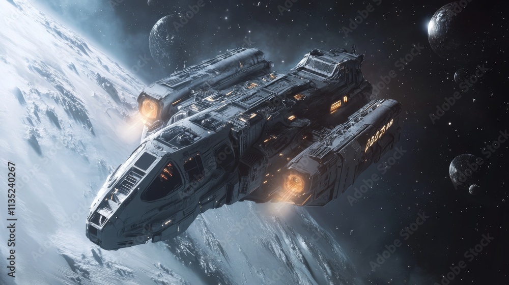 Poster a detailed illustration of a futuristic spaceship soaring through deep space with a planetary backdr