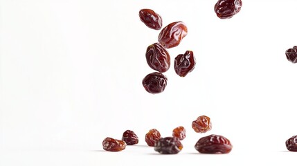 Fototapeta premium Falling Raisin Isolated on a White Background Perfect for Food and Healthy Snack Imagery, Ideal for Culinary Marketing and Dieting Purposes