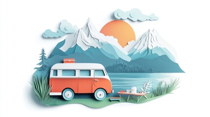 Paper Art: Camper Van by Mountain Lake at Sunset