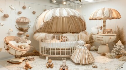 Obraz premium Elegant baby nursery with soft, neutral tones and decorative toys.