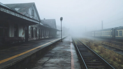 Fototapeta premium A fog-covered train station in an old mining town, with rusting trains and crumbling buildings half-hidden in the mist.