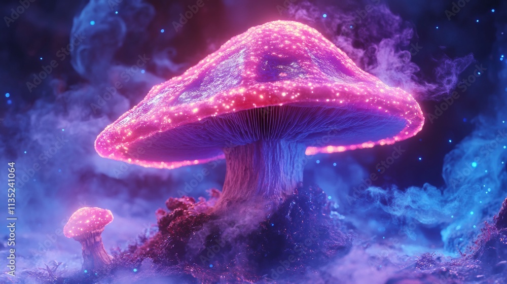 Poster two glowing mushrooms with luminescent edges stand in a mystical, fog-laden forest. the neon colors 