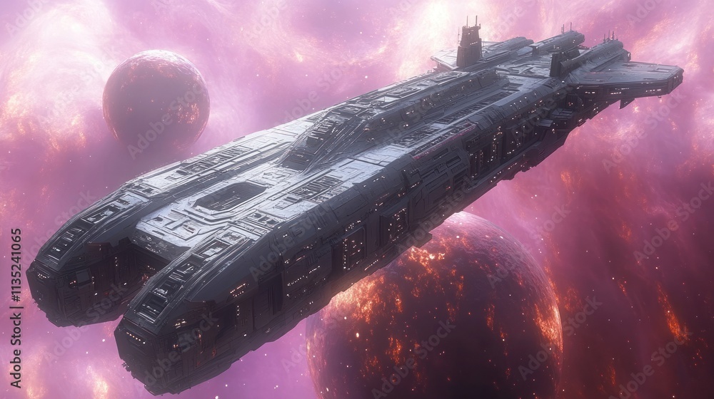 Poster a futuristic spaceship navigating through a colorful cosmic environment.