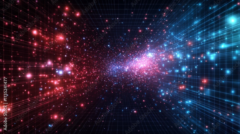Poster digital explosion effect with blue and red particles forming a tunnel of light and motion, evoking s