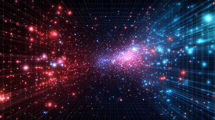 Obraz premium Digital explosion effect with blue and red particles forming a tunnel of light and motion, evoking space, energy, and cutting-edge digital design themes.. AI Generation