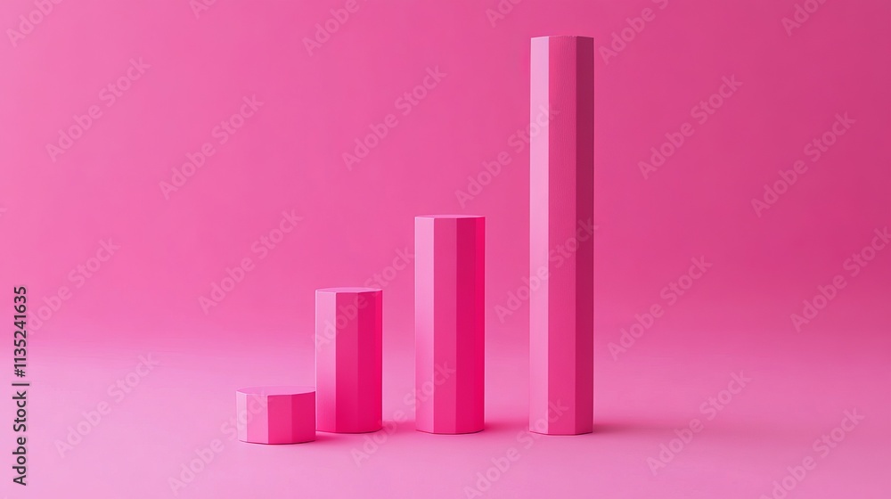 Poster 3d render of a pink bar chart with varying heights, displayed on a pink background, symbolizing data