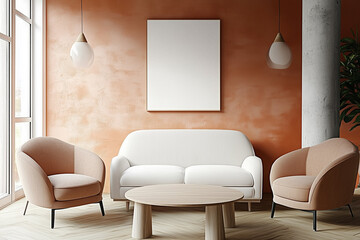Two armchairs and sofa against terra cotta wall and concrete column, Minimalist japandi style interior design of modern living room, home.