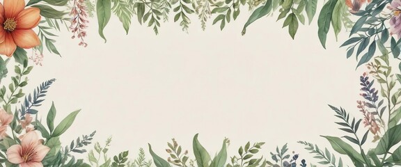 Watercolor botanical frame with space for text, spring theme, blank background, artistic border, hand-drawn