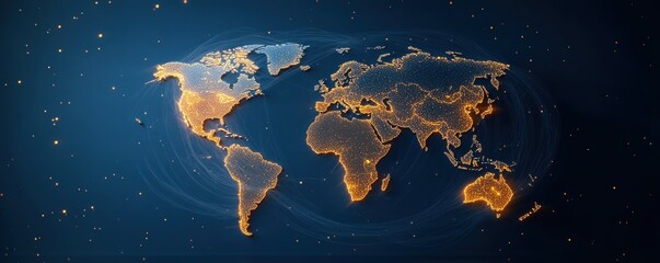 Dynamic digital world map highlighting America for AI driven global connectivity and data exchange in cyber technology