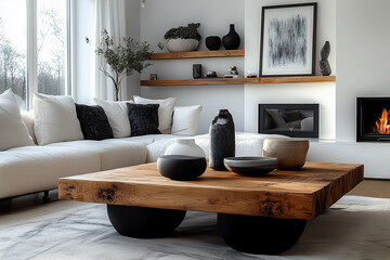 Minimalist interior design of modern living room. Rustic barn wood coffee table near corner sofa against wall with fireplace, frame and shelf.