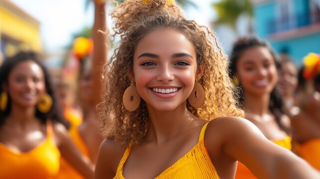 Inclusive group dancing joyfully at a cultural festival.