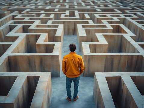 Man in orange jacket explores intricate maze searching for an exit in a challenge of navigation and problem-solving