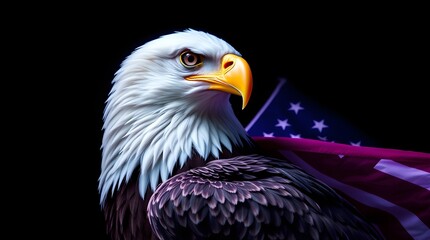 Obraz premium A graceful eagle with refined features and an American flag flies against bright lens flare.