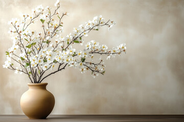 Blossom branch in clay vase near beige stucco wall background. Interior design of modern living room with space for text.