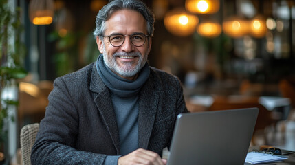 Obraz premium Portrait of happy mature professional business owner man manager, smiling senior male ceo executive, middle aged corporate leader working on laptop .