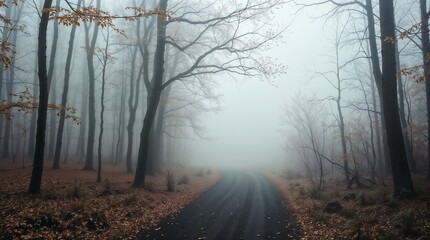Naklejka premium Mystical Foggy Forest Road in Autumn