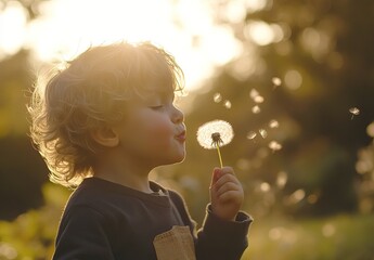 Little boy blowing dandelion seeds in a sunny spring garden. AI generated image