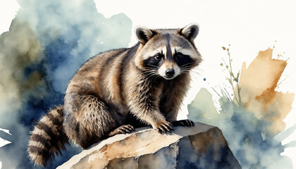 Obraz premium Watercolor Illustration of a Raccoon Sitting on a Rock