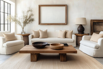 Minimalist, boho interior design of modern living room. Wooden coffee table and two armchairs near white sofa with beige pillows. Wall with frame.