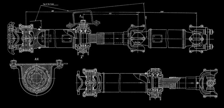 Driveshaft, cardan of truck.
Engineering automotive mechanical drawing of steel 
device on paper sheet. Industrial cad scheme. 
Technology design of machine building industry. 
Machined template.
