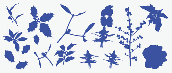 Christmas plants, holly berry, christmas tree, leaves branches, holiday decoration, winter symbols isolated on white background. Vintage nature illustration.