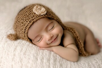 Smiling newborn baby sleeping on a flat background with copy space. AI generated image