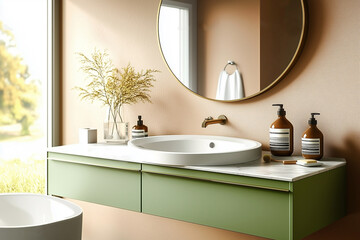 Minimalist interior design of modern elegant minimalist bathroom with green floating vanity, round mirror and soft natural decor, creating a peaceful and clean atmosphere.